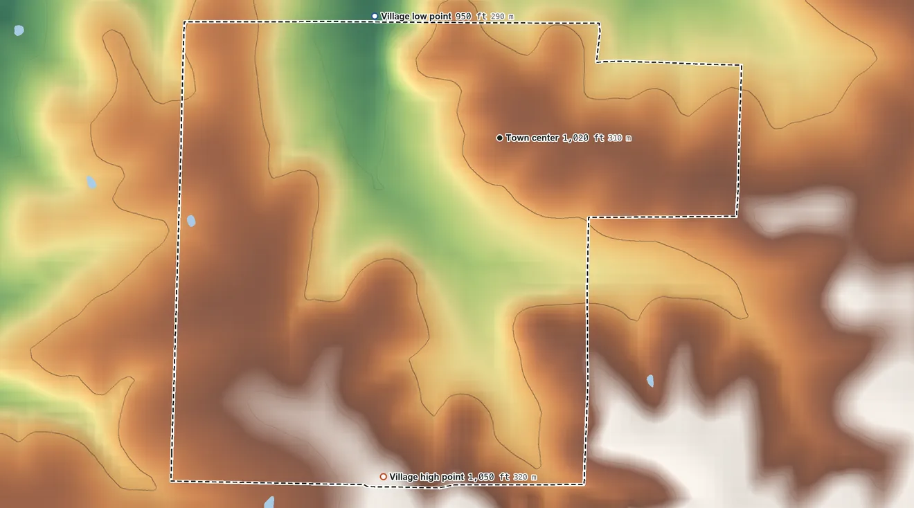 Topographic elevation map of Jerico Springs, Missouri, shaded from 950 ft on the northwest side to 1,050 ft on the south side