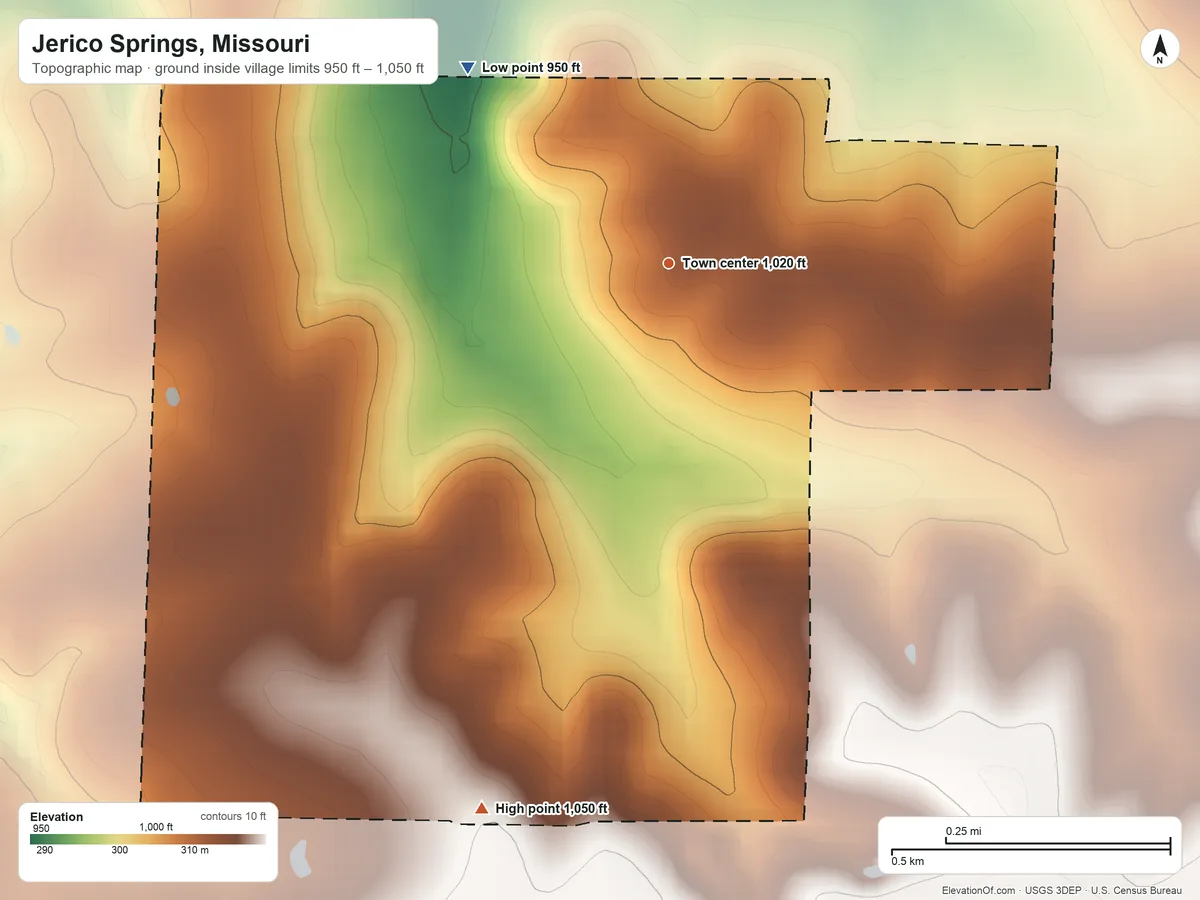Topographic elevation map of Jerico Springs, Missouri, shaded from 950 ft on the northwest side to 1,050 ft on the south side