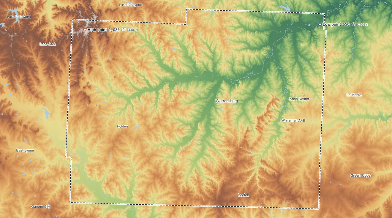 Topographic elevation map of Johnson County, Missouri, shaded from 650 ft on the northeast side to 1,080 ft on the northwest side