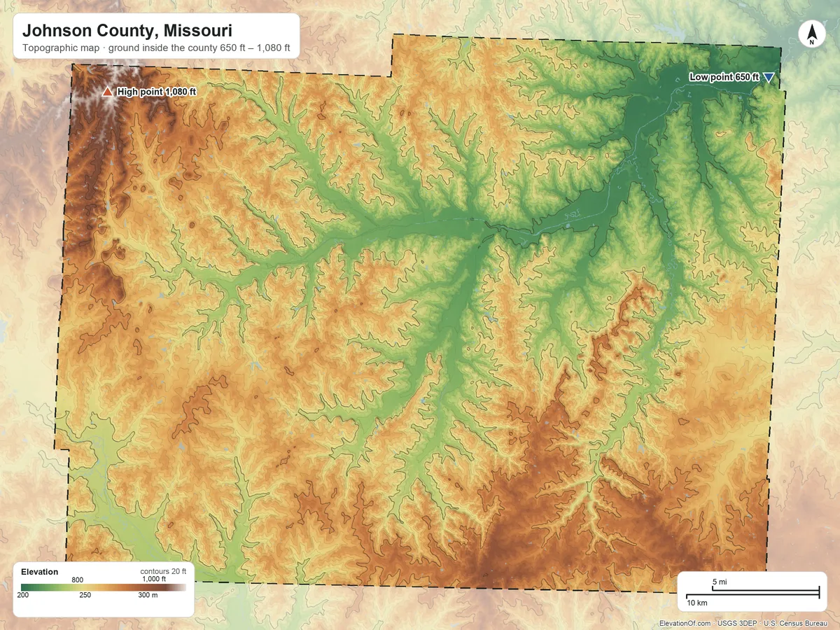 Topographic elevation map of Johnson County, Missouri, shaded from 650 ft on the northeast side to 1,080 ft on the northwest side