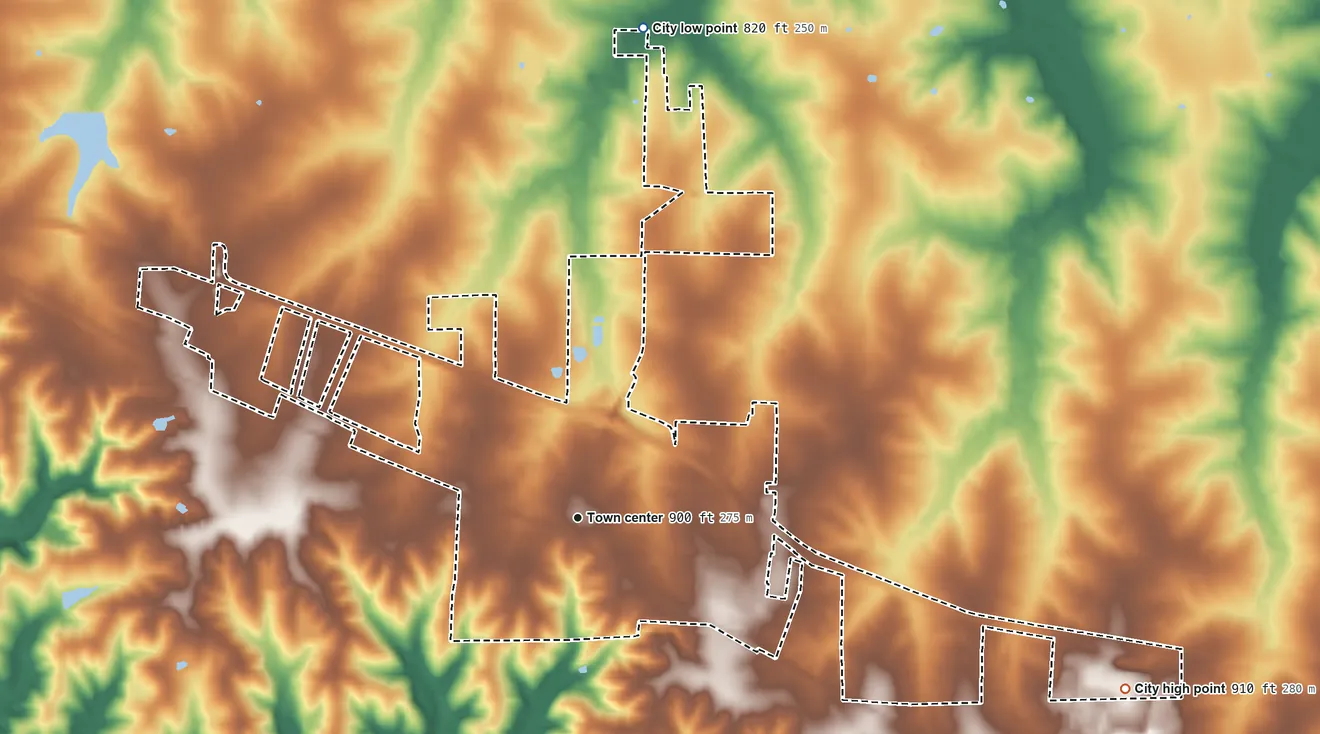 Topographic elevation map of Jonesburg, Missouri, shaded from 820 ft on the north side to 910 ft on the east side