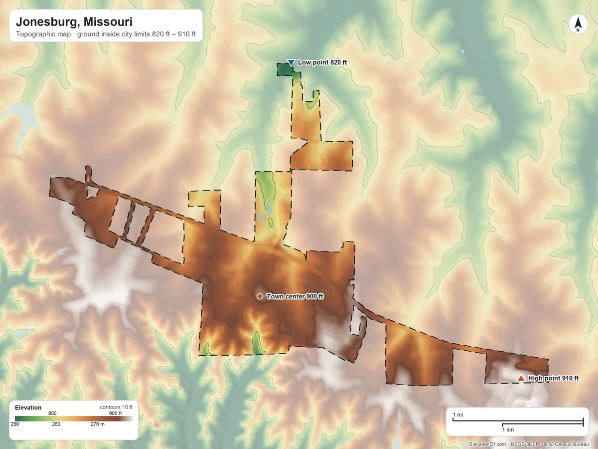 Topographic elevation map of Jonesburg, Missouri, shaded from 820 ft on the north side to 910 ft on the east side