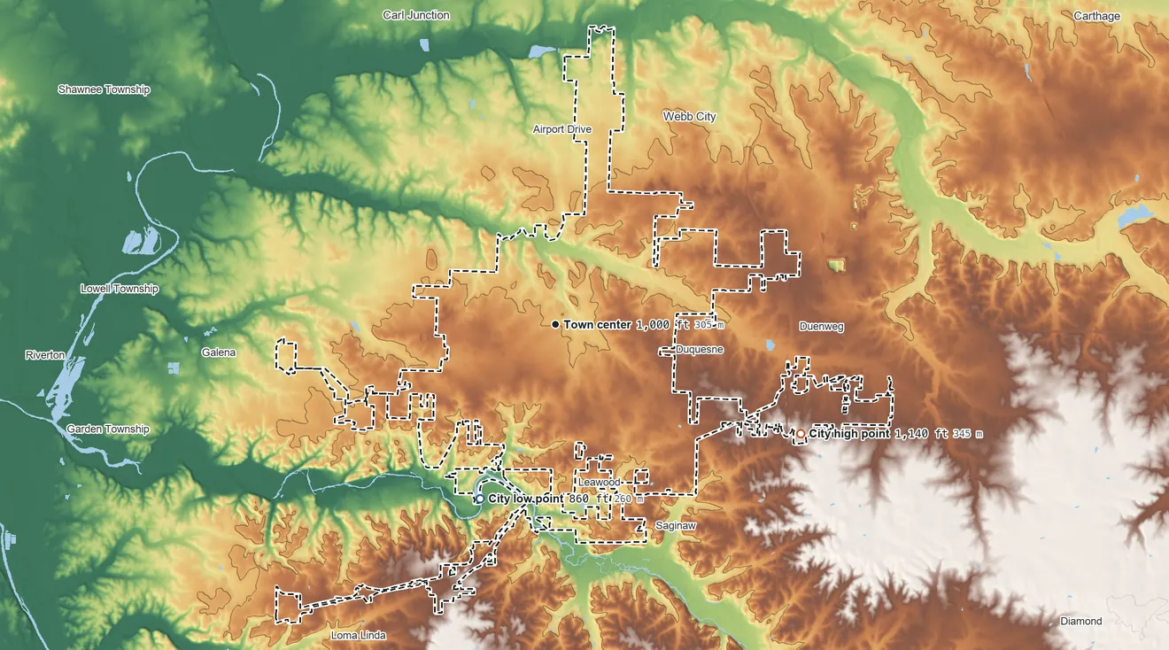 Topographic elevation map of Joplin, Missouri, shaded from 860 ft on the southwest side to 1,140 ft on the southeast side