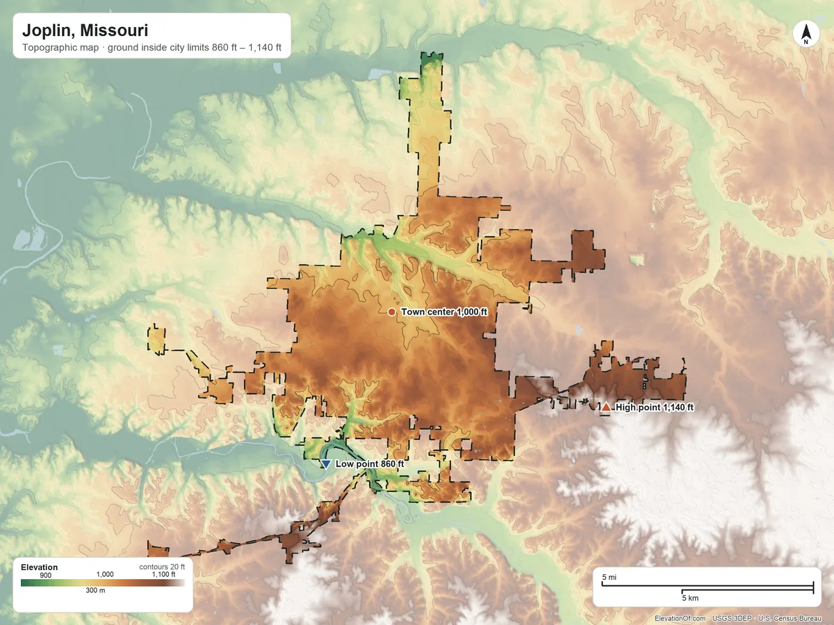Topographic elevation map of Joplin, Missouri, shaded from 860 ft on the southwest side to 1,140 ft on the southeast side