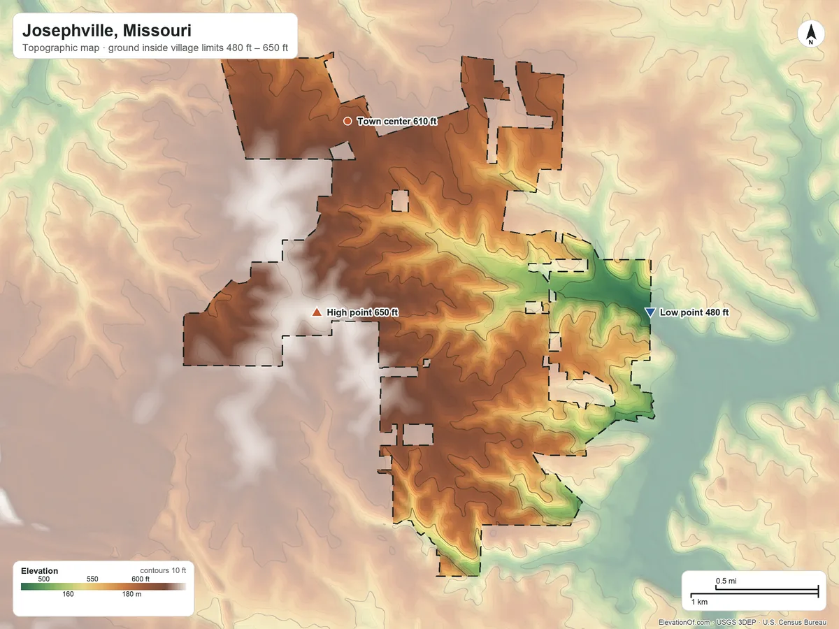 Topographic elevation map of Josephville, Missouri, shaded from 480 ft on the southeast side to 650 ft on the south side