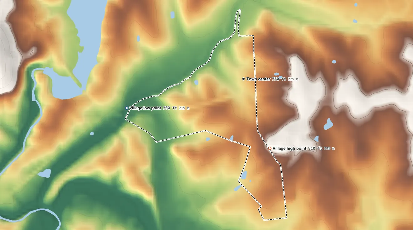 Topographic elevation map of Junction City, Missouri, shaded from 700 ft on the west side to 810 ft on the south side