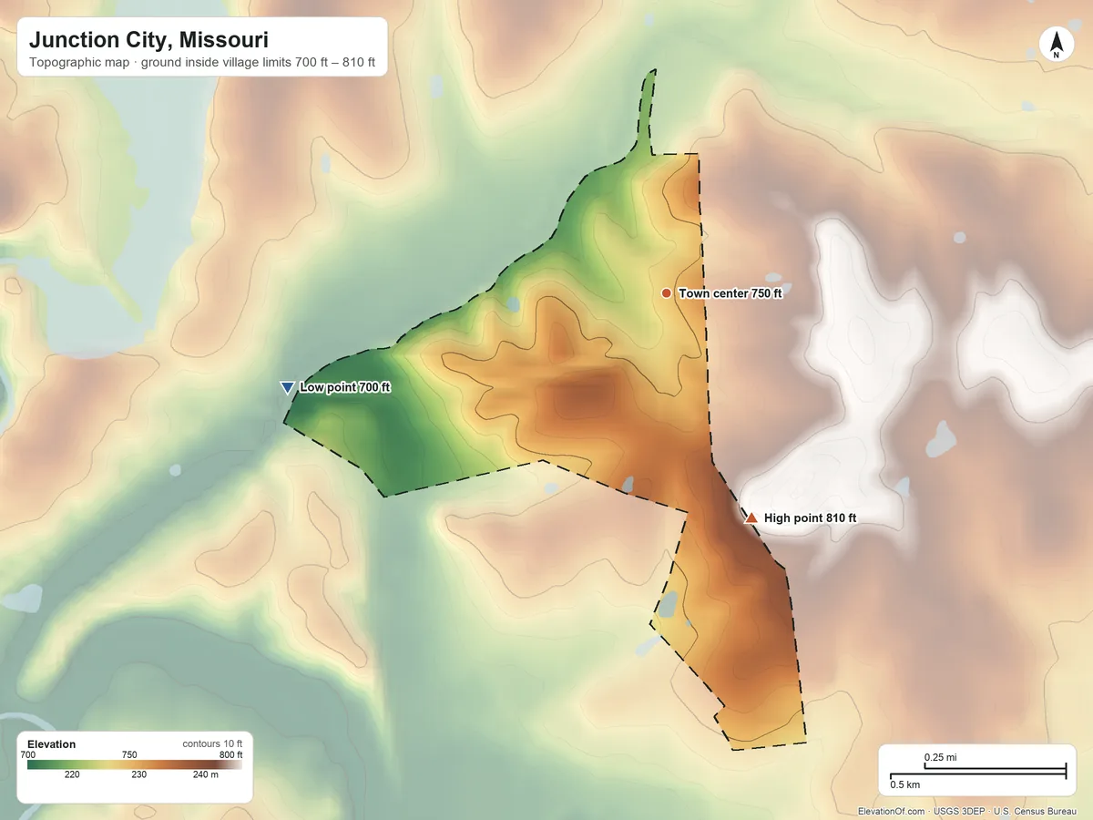Topographic elevation map of Junction City, Missouri, shaded from 700 ft on the west side to 810 ft on the south side
