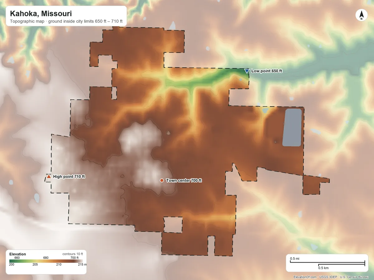 Topographic elevation map of Kahoka, Missouri, shaded from 650 ft on the northeast side to 710 ft on the west side