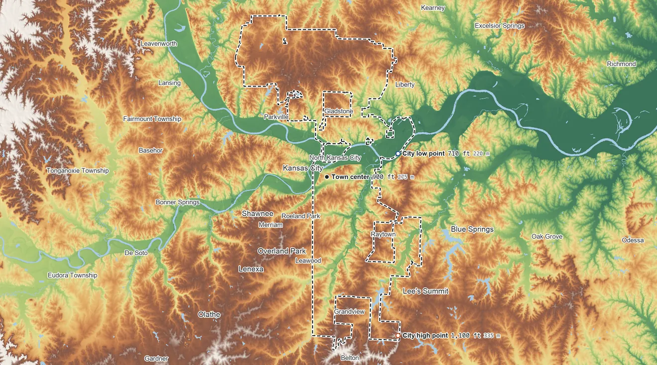 Topographic elevation map of Kansas City, Missouri, shaded from 710 ft on the east side to 1,100 ft on the southeast side