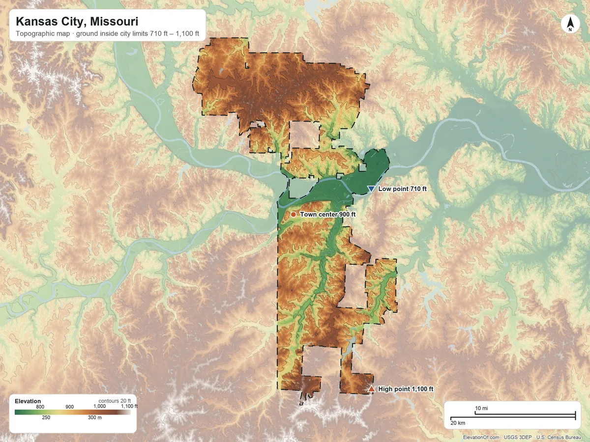Topographic elevation map of Kansas City, Missouri, shaded from 710 ft on the east side to 1,100 ft on the southeast side