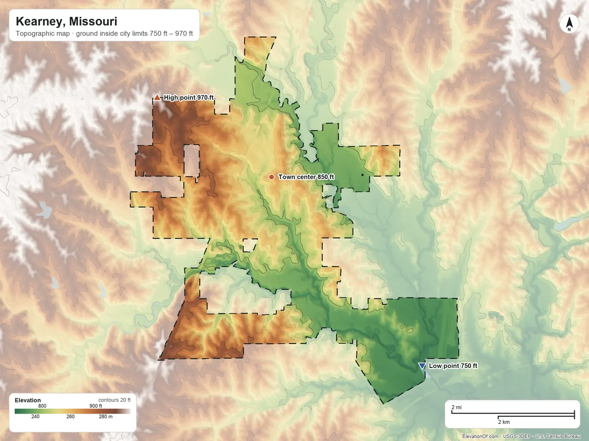Topographic elevation map of Kearney, Missouri, shaded from 750 ft on the southeast side to 970 ft on the northwest side