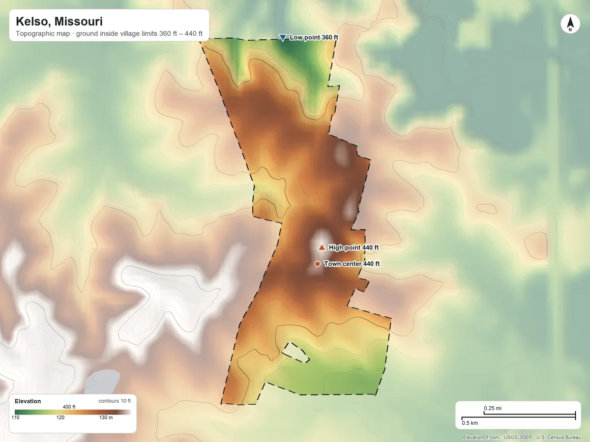 Topographic elevation map of Kelso, Missouri, shaded from 360 ft on the north side to 440 ft near the middle