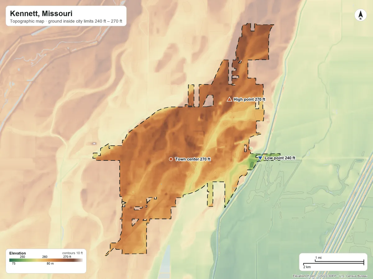 Topographic elevation map of Kennett, Missouri, shaded from 240 ft on the east side to 270 ft on the northeast side
