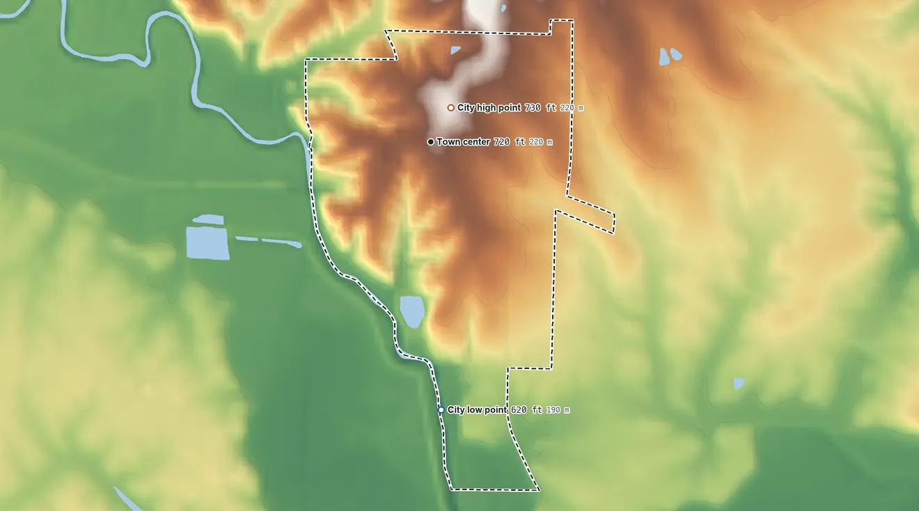 Topographic elevation map of Keytesville, Missouri, shaded from 620 ft on the south side to 730 ft near the middle