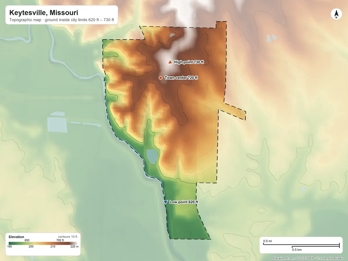 Topographic elevation map of Keytesville, Missouri, shaded from 620 ft on the south side to 730 ft near the middle