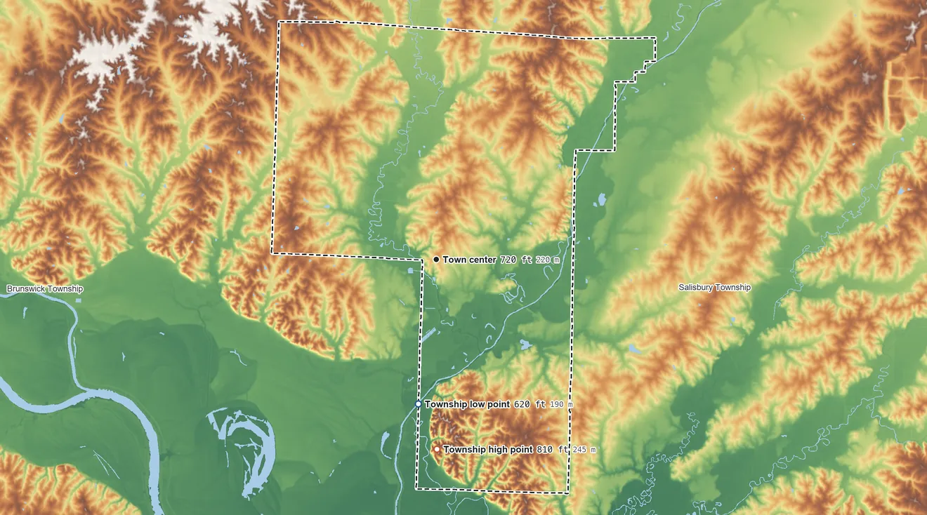 Topographic elevation map of Keytesville Township, Missouri, shaded from 620 ft on the south side to 810 ft on the south side