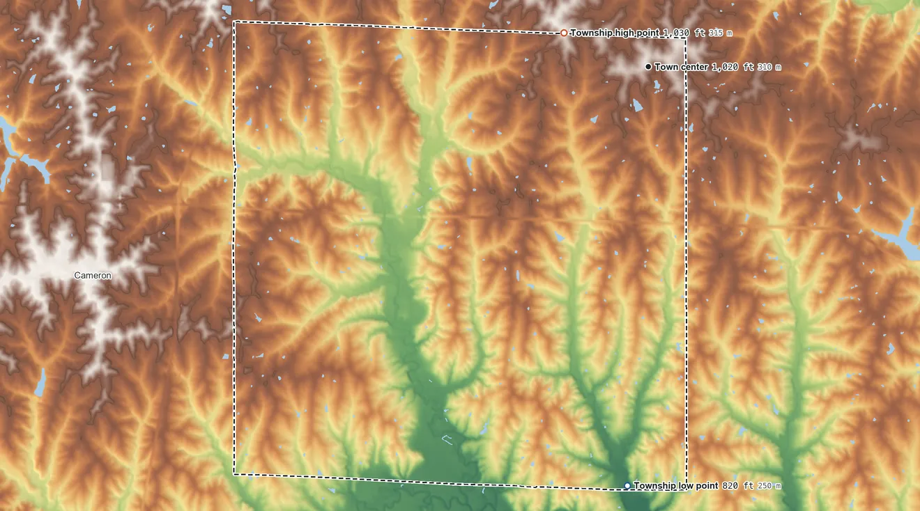 Topographic elevation map of Kidder Township, Missouri, shaded from 820 ft on the south side to 1,030 ft on the west side