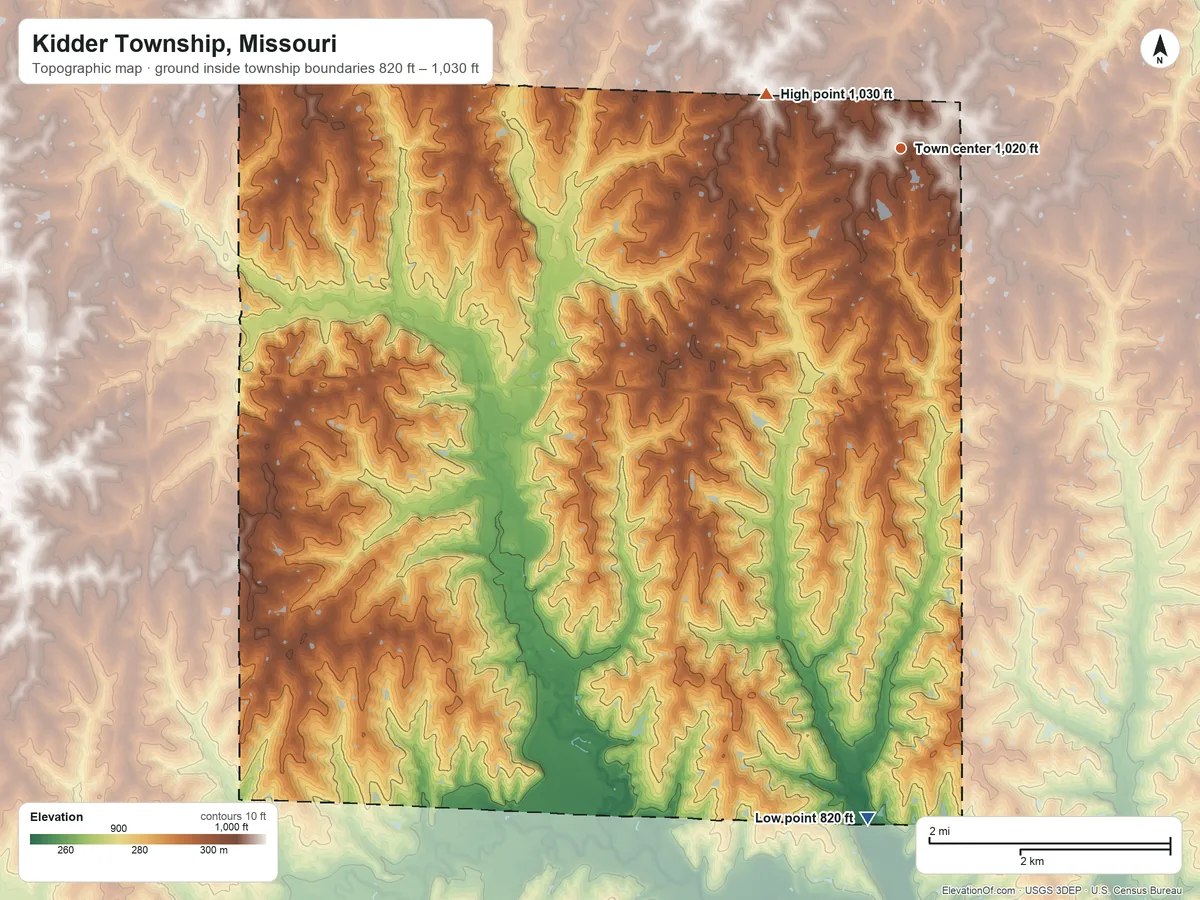 Topographic elevation map of Kidder Township, Missouri, shaded from 820 ft on the south side to 1,030 ft on the west side