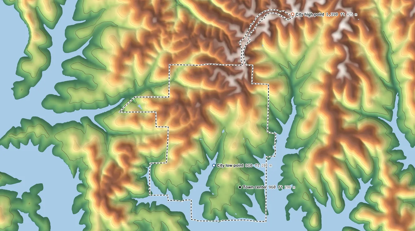 Topographic elevation map of Kimberling City, Missouri, shaded from 910 ft on the northwest side to 1,390 ft on the north side