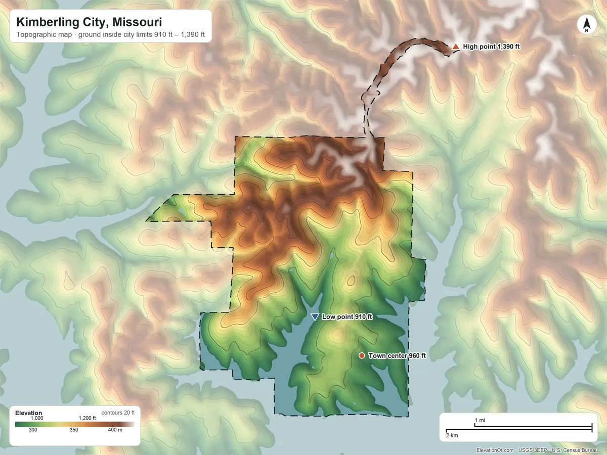 Topographic elevation map of Kimberling City, Missouri, shaded from 910 ft on the northwest side to 1,390 ft on the north side