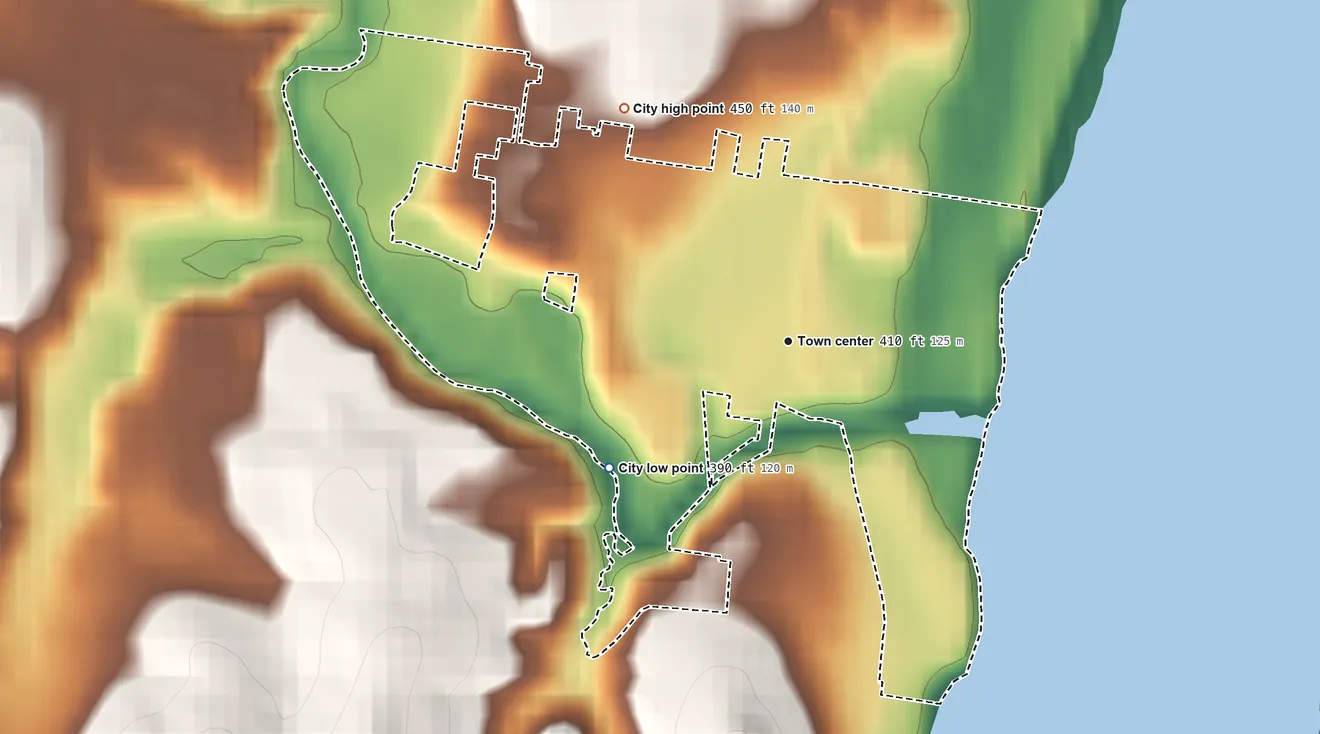 Topographic elevation map of Kimmswick, Missouri, shaded from 390 ft on the southwest side to 450 ft on the northwest side