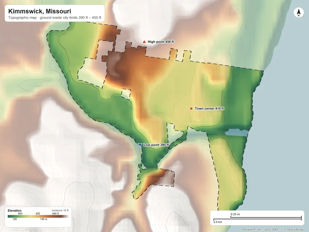Topographic elevation map of Kimmswick, Missouri, shaded from 390 ft on the southwest side to 450 ft on the northwest side