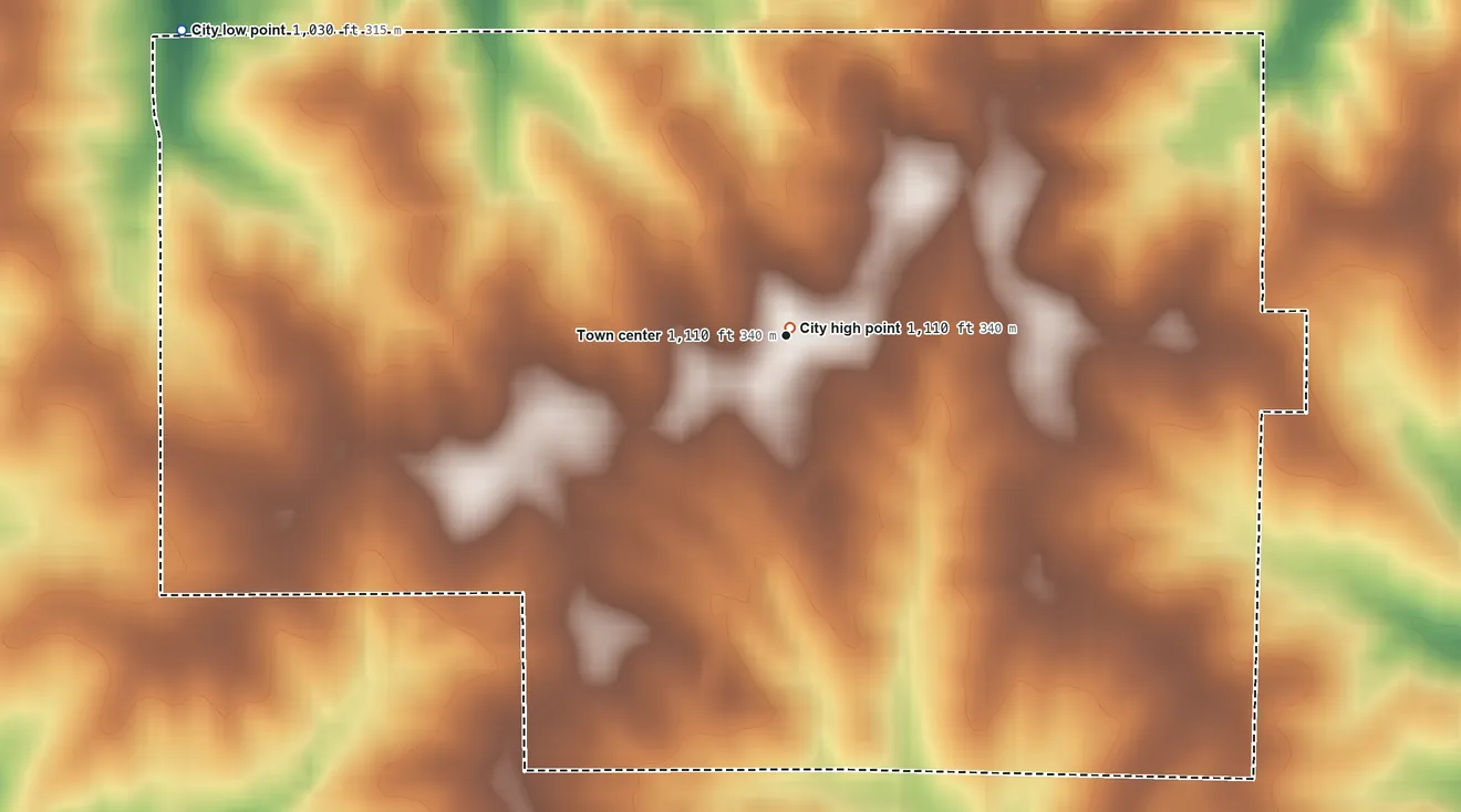 Topographic elevation map of King City, Missouri, shaded from 1,030 ft on the northwest side to 1,110 ft near the middle
