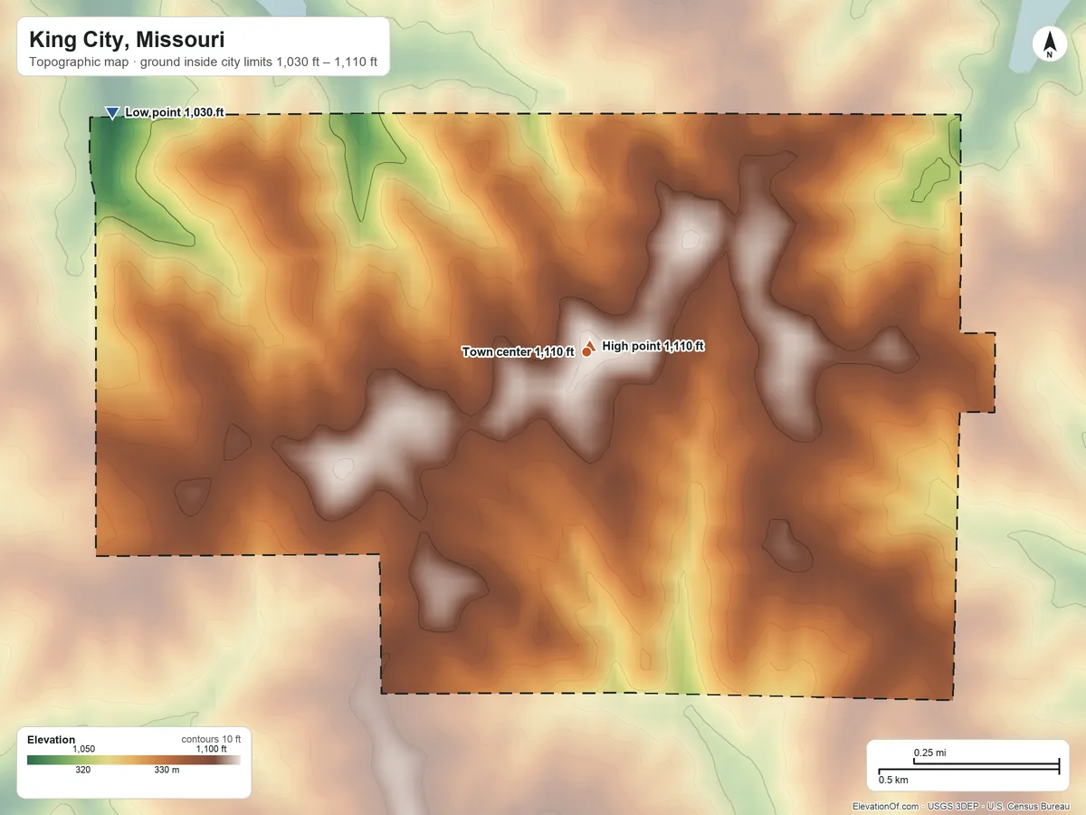 Topographic elevation map of King City, Missouri, shaded from 1,030 ft on the northwest side to 1,110 ft near the middle