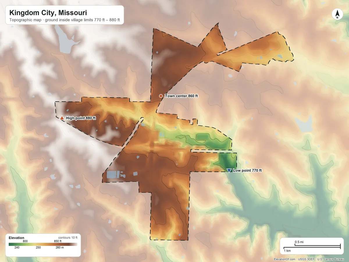 Topographic elevation map of Kingdom City, Missouri, shaded from 770 ft on the southeast side to 880 ft on the west side
