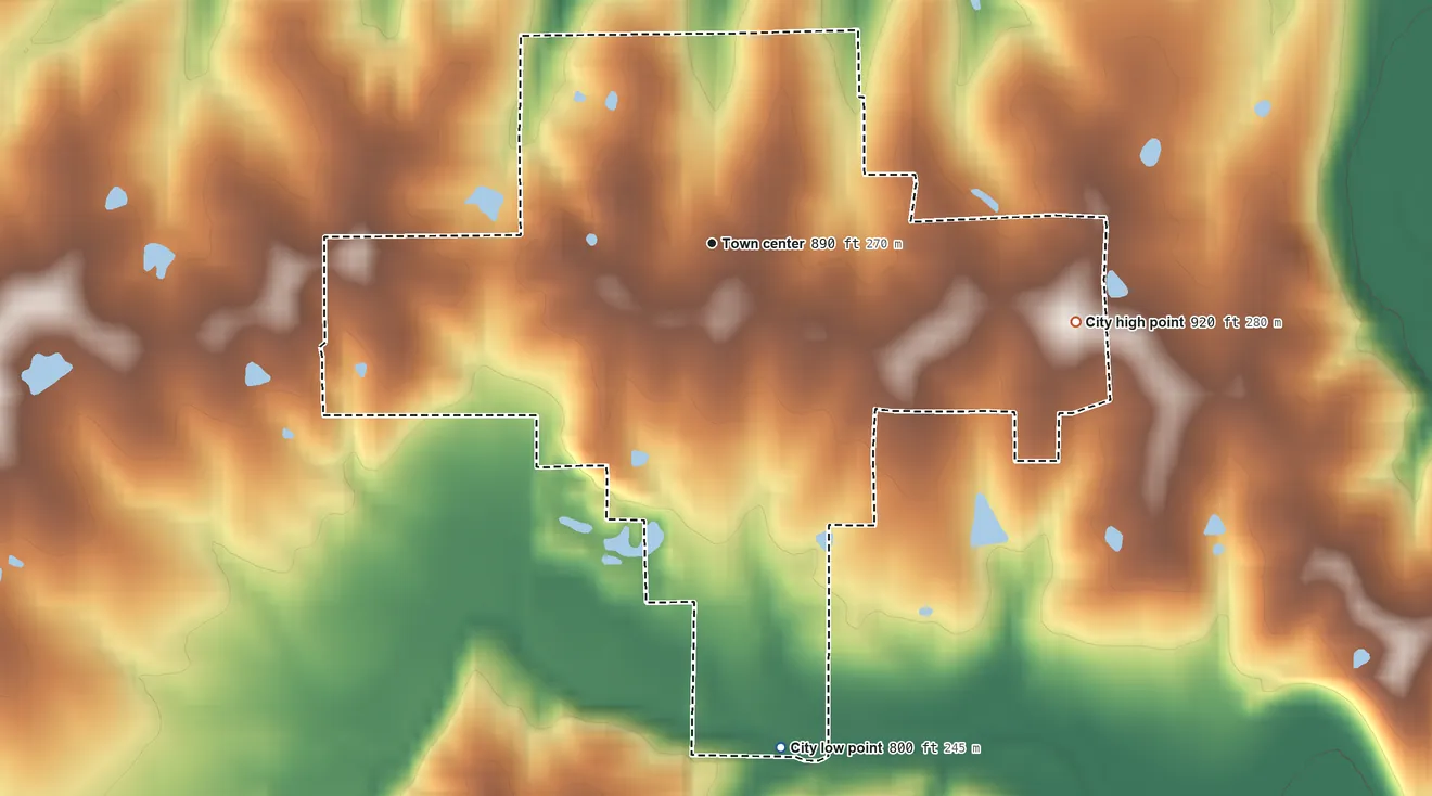 Topographic elevation map of Kingston, Missouri, shaded from 800 ft on the south side to 920 ft on the east side