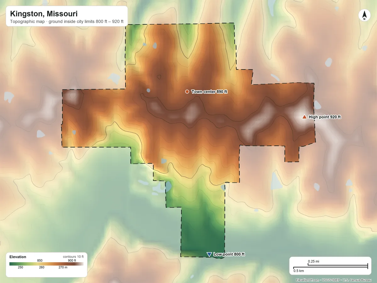 Topographic elevation map of Kingston, Missouri, shaded from 800 ft on the south side to 920 ft on the east side