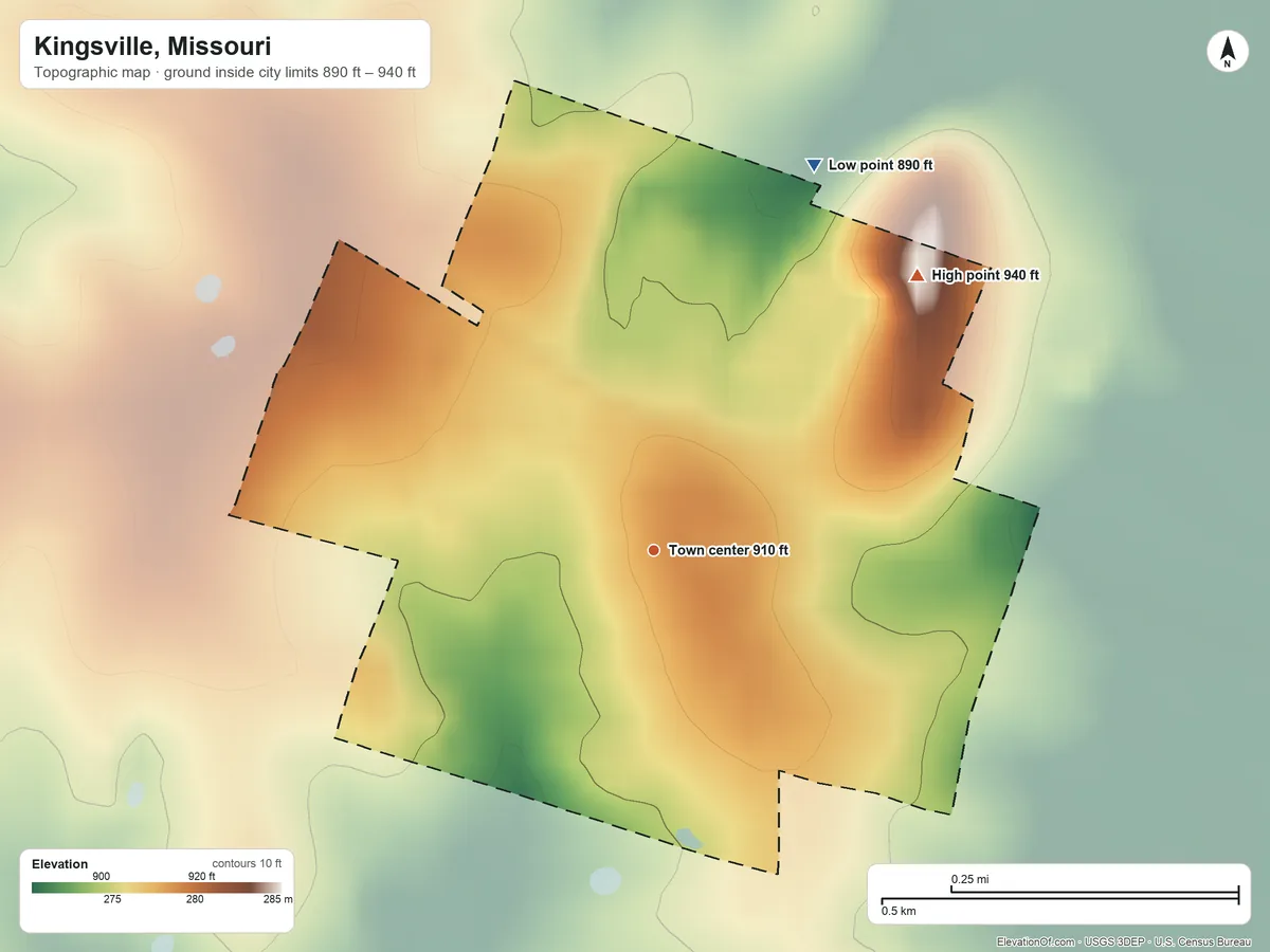 Topographic elevation map of Kingsville, Missouri, shaded from 890 ft on the northeast side to 940 ft on the northeast side