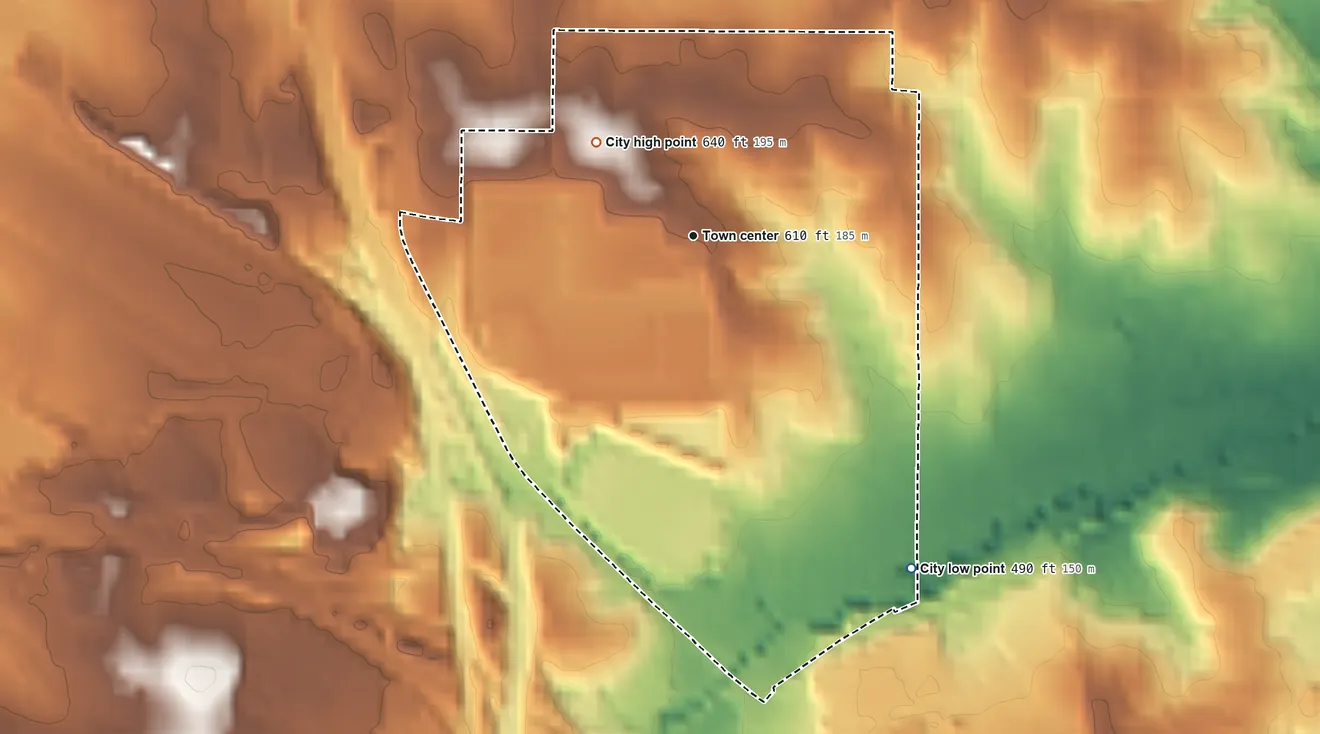 Topographic elevation map of Kinloch, Missouri, shaded from 490 ft on the southeast side to 640 ft on the northwest side