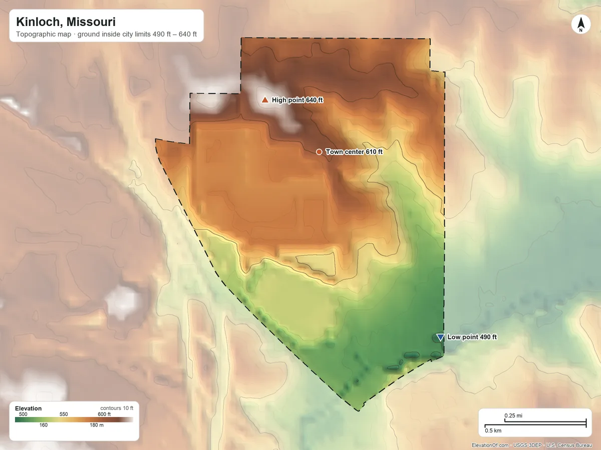 Topographic elevation map of Kinloch, Missouri, shaded from 490 ft on the southeast side to 640 ft on the northwest side