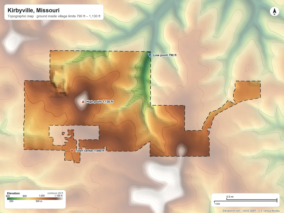 Topographic elevation map of Kirbyville, Missouri, shaded from 790 ft on the northeast side to 1,130 ft on the north side