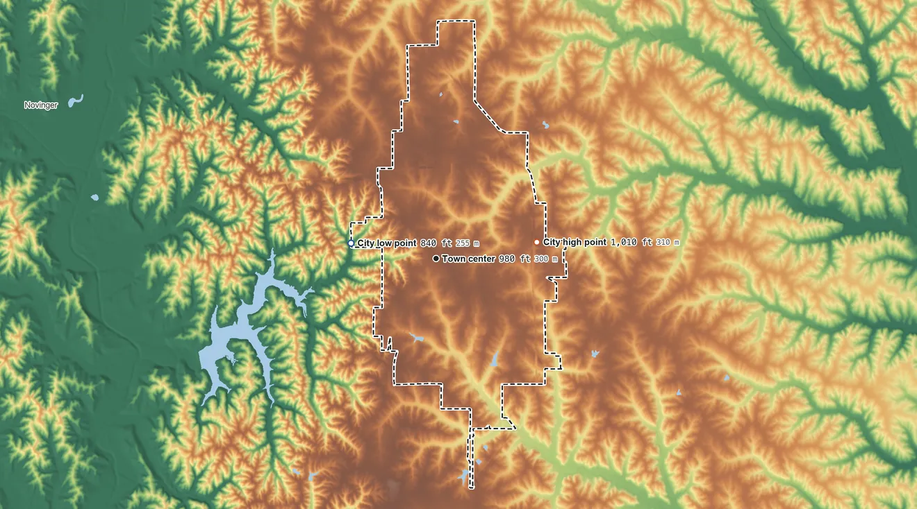 Topographic elevation map of Kirksville, Missouri, shaded from 840 ft on the west side to 1,010 ft on the east side