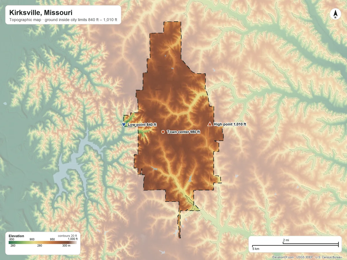 Topographic elevation map of Kirksville, Missouri, shaded from 840 ft on the west side to 1,010 ft on the east side