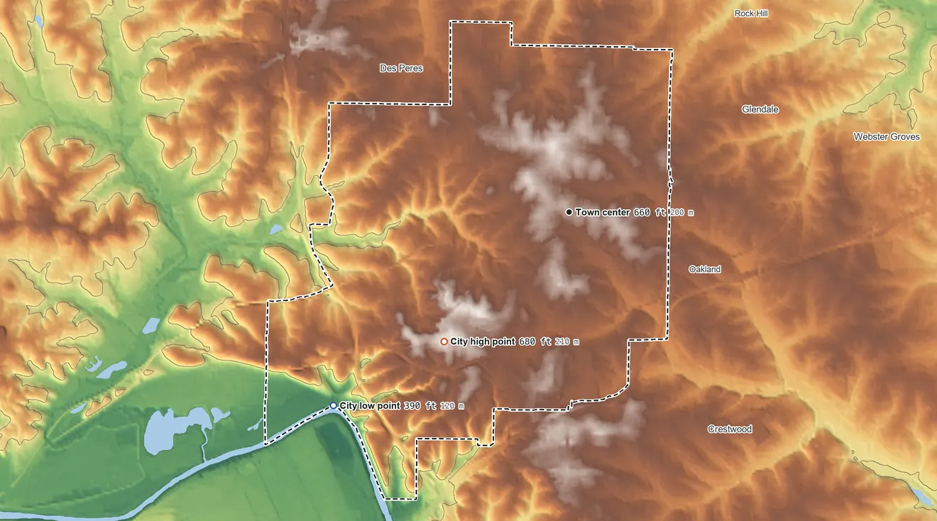 Topographic elevation map of Kirkwood, Missouri, shaded from 390 ft on the southwest side to 680 ft on the southwest side