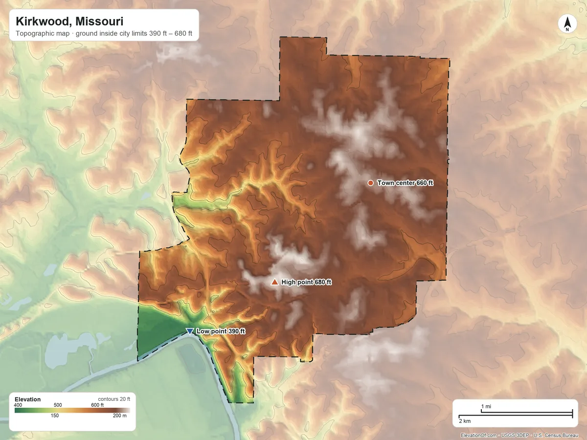 Topographic elevation map of Kirkwood, Missouri, shaded from 390 ft on the southwest side to 680 ft on the southwest side