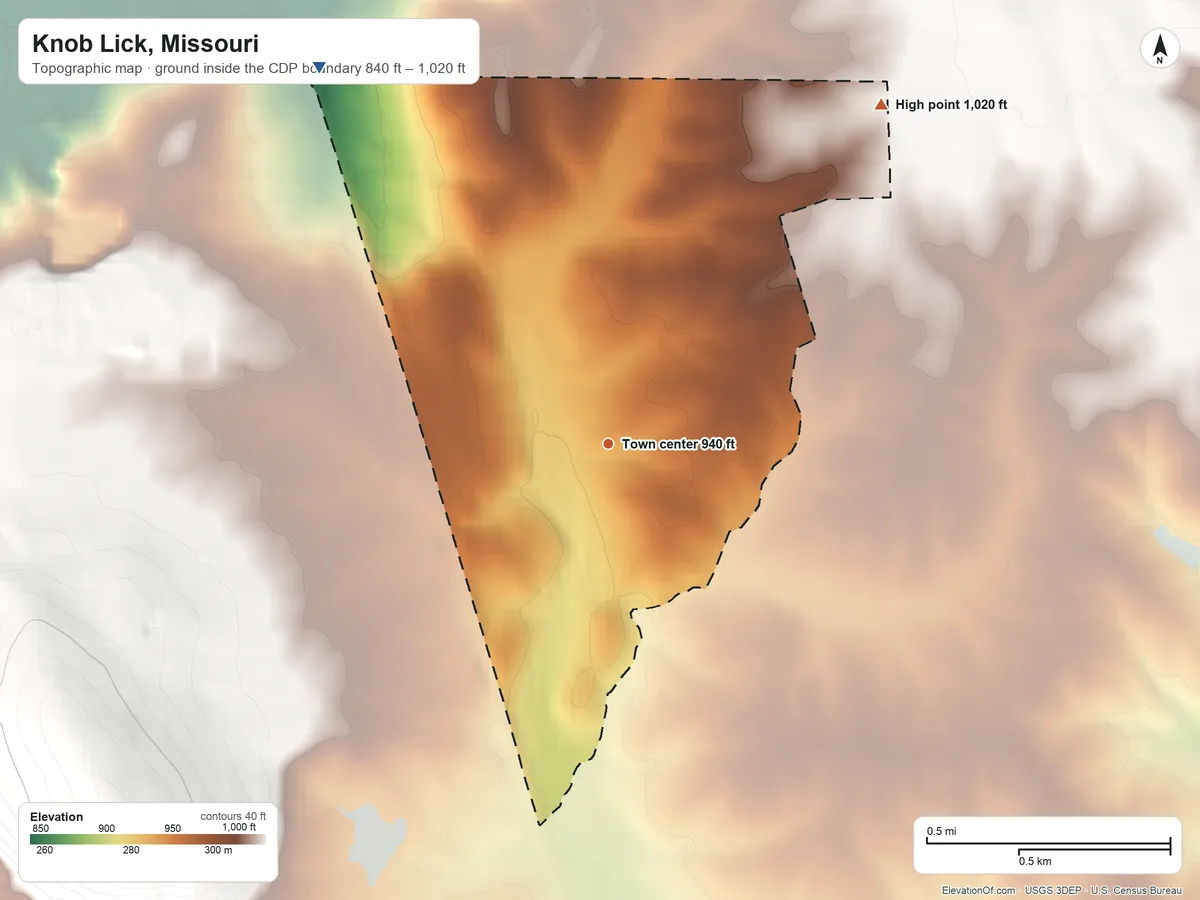 Topographic elevation map of Knob Lick, Missouri, shaded from 840 ft on the northwest side to 1,020 ft on the northeast side