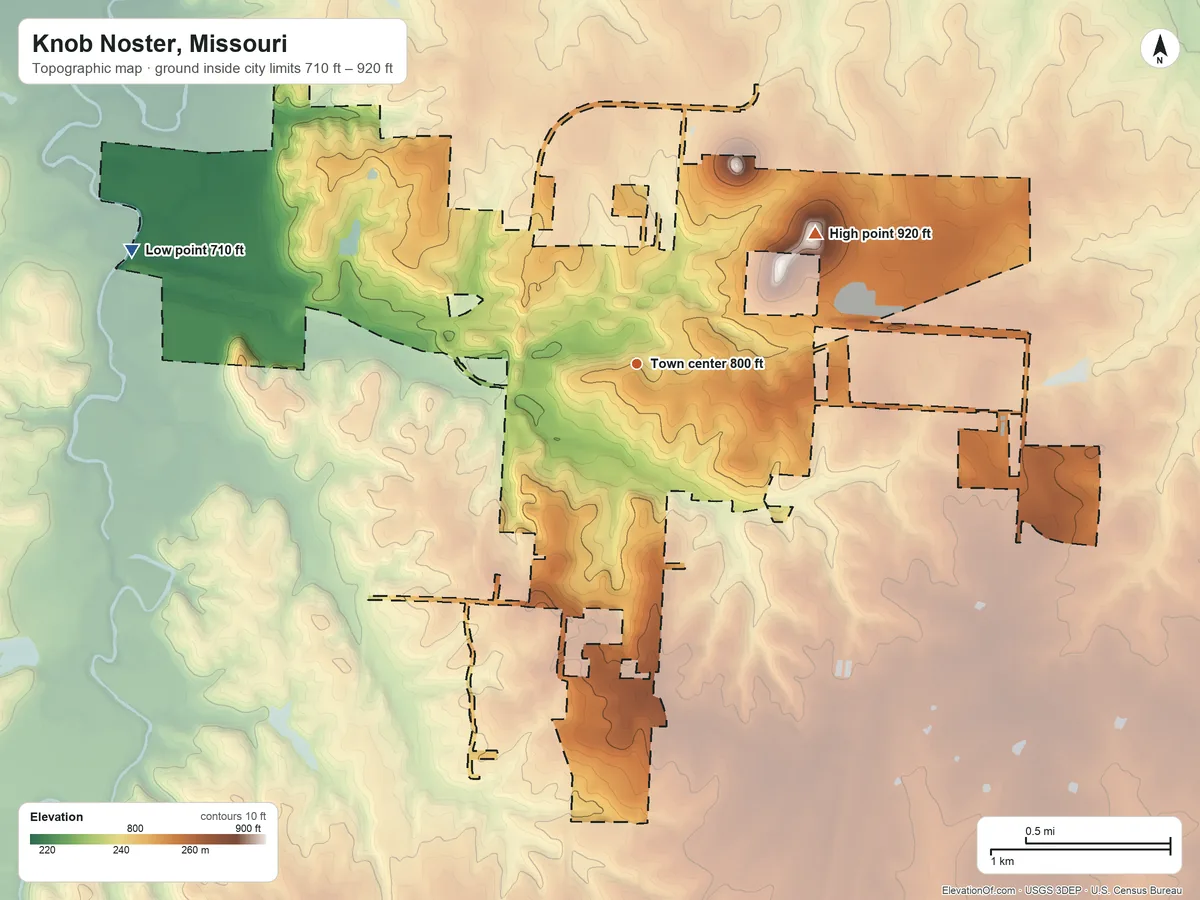 Topographic elevation map of Knob Noster, Missouri, shaded from 710 ft on the west side to 920 ft on the northeast side