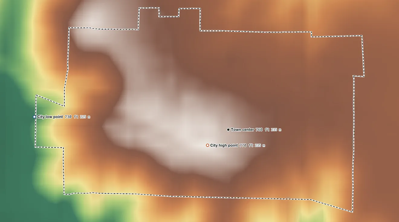 Topographic elevation map of Knox City, Missouri, shaded from 730 ft on the west side to 770 ft near the middle