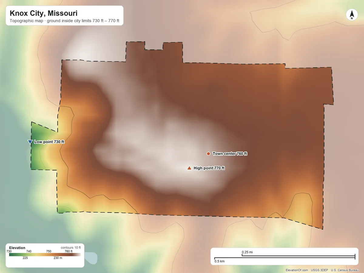 Topographic elevation map of Knox City, Missouri, shaded from 730 ft on the west side to 770 ft near the middle