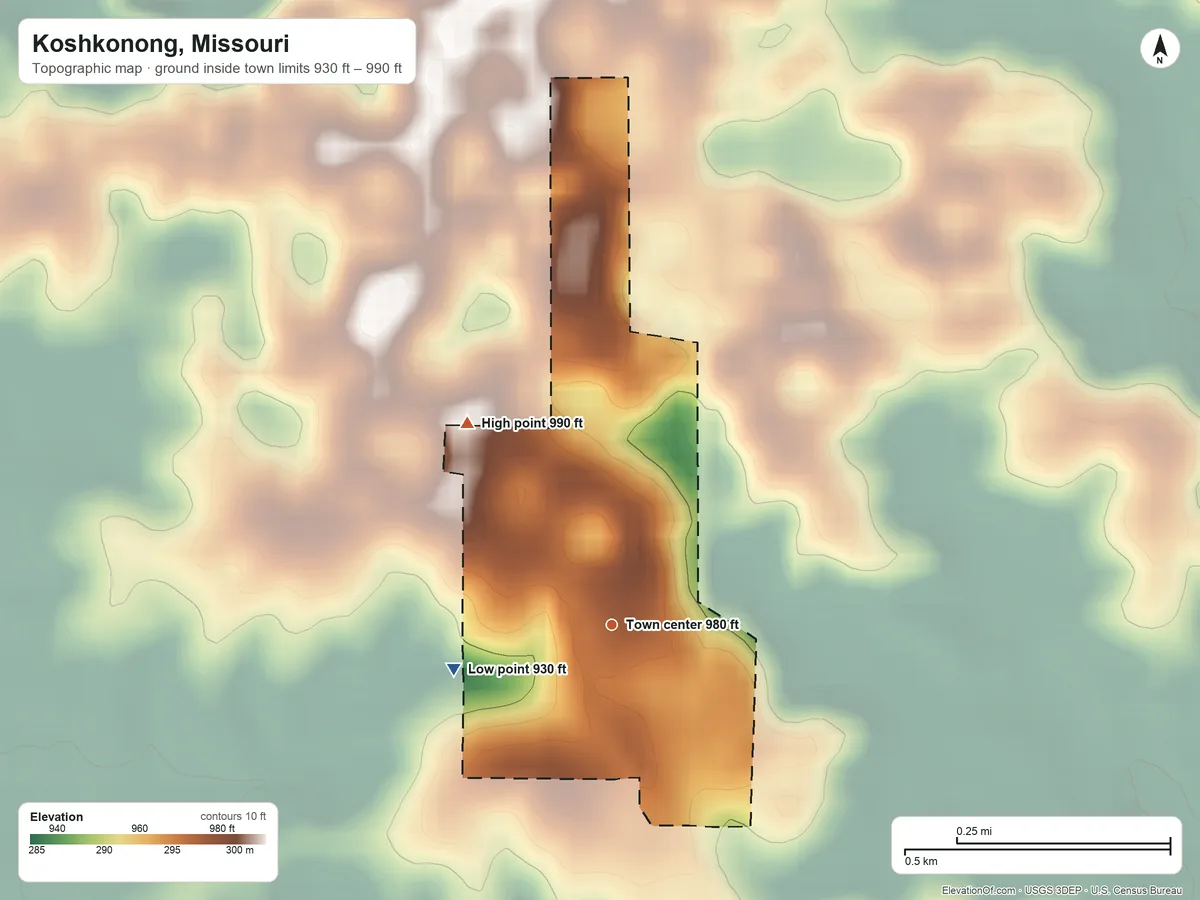 Topographic elevation map of Koshkonong, Missouri, shaded from 930 ft on the west side to 990 ft on the northwest side