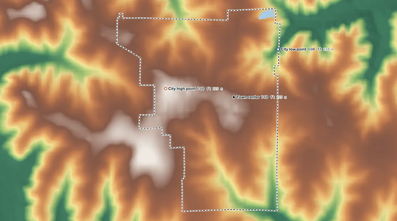 Topographic elevation map of La Belle, Missouri, shaded from 690 ft on the northeast side to 740 ft on the west side