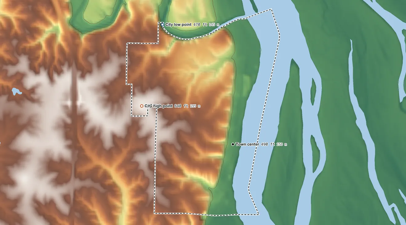 Topographic elevation map of La Grange, Missouri, shaded from 470 ft on the northwest side to 640 ft on the northwest side