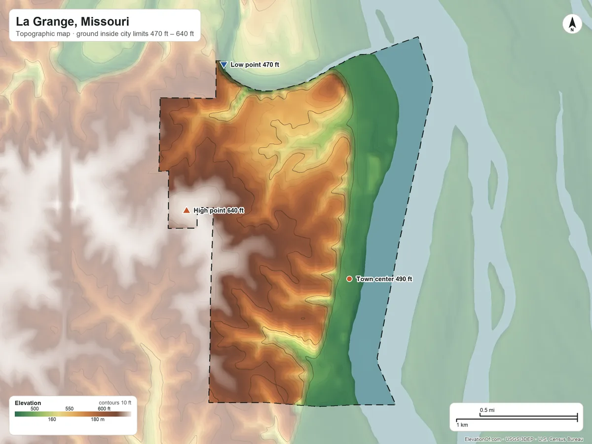 Topographic elevation map of La Grange, Missouri, shaded from 470 ft on the northwest side to 640 ft on the northwest side