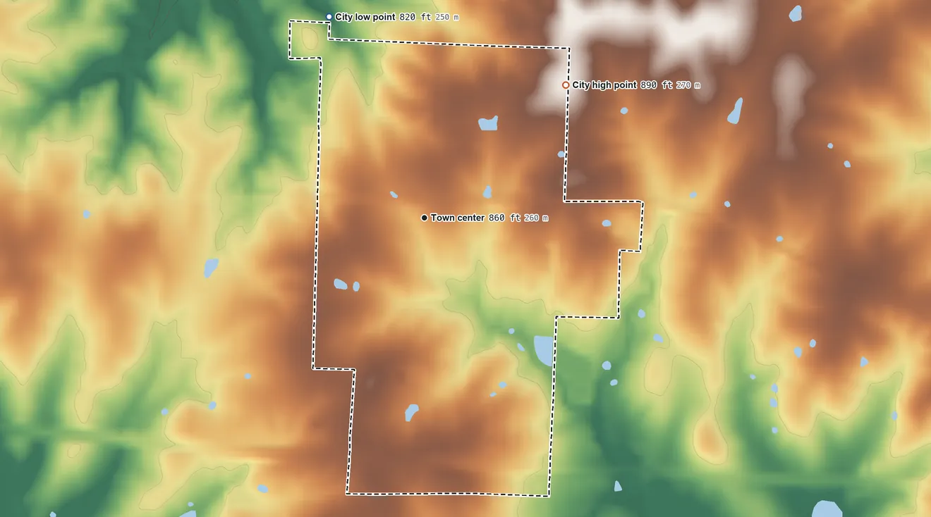 Topographic elevation map of La Monte, Missouri, shaded from 820 ft on the northwest side to 890 ft on the northeast side