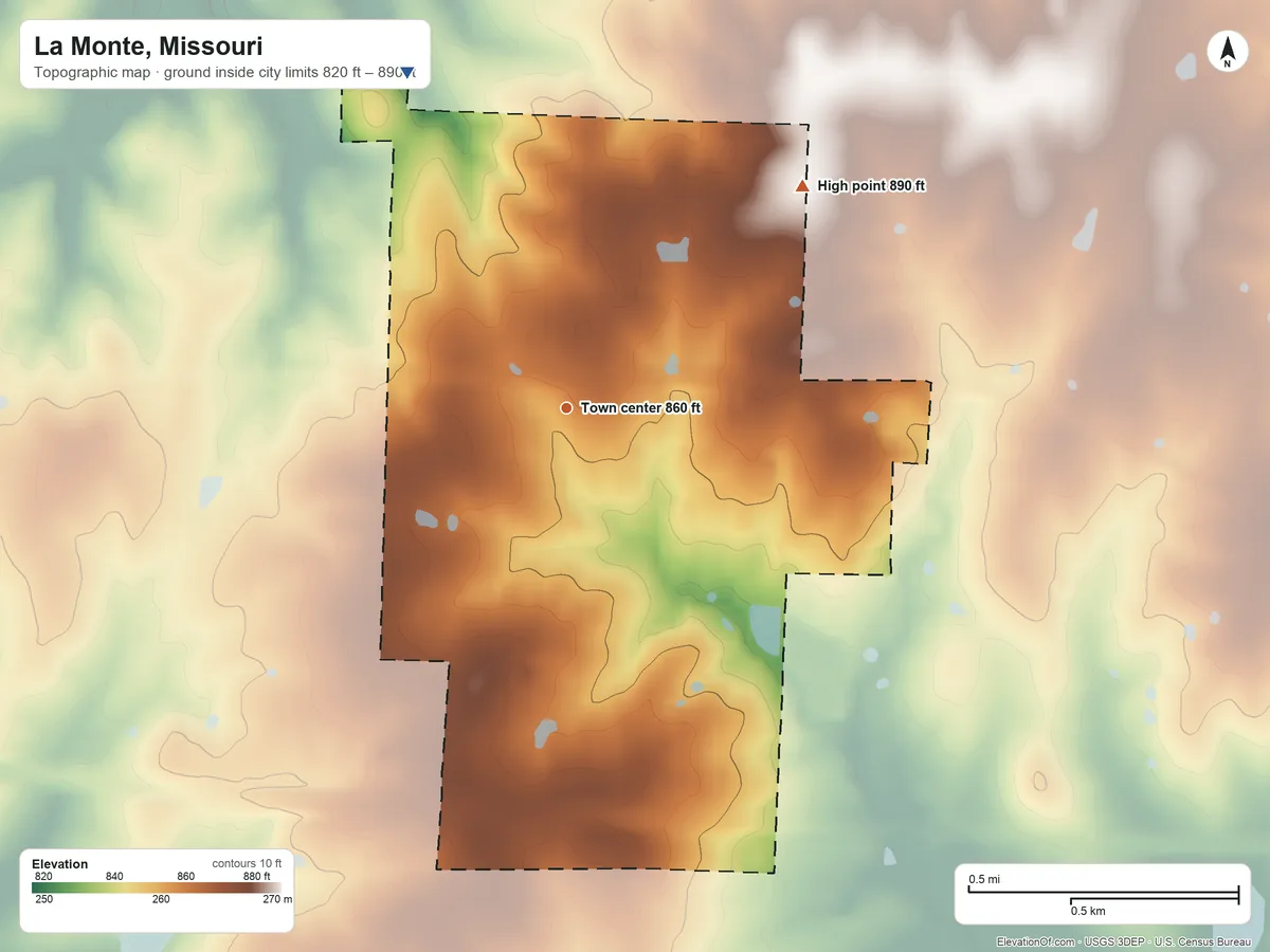 Topographic elevation map of La Monte, Missouri, shaded from 820 ft on the northwest side to 890 ft on the northeast side