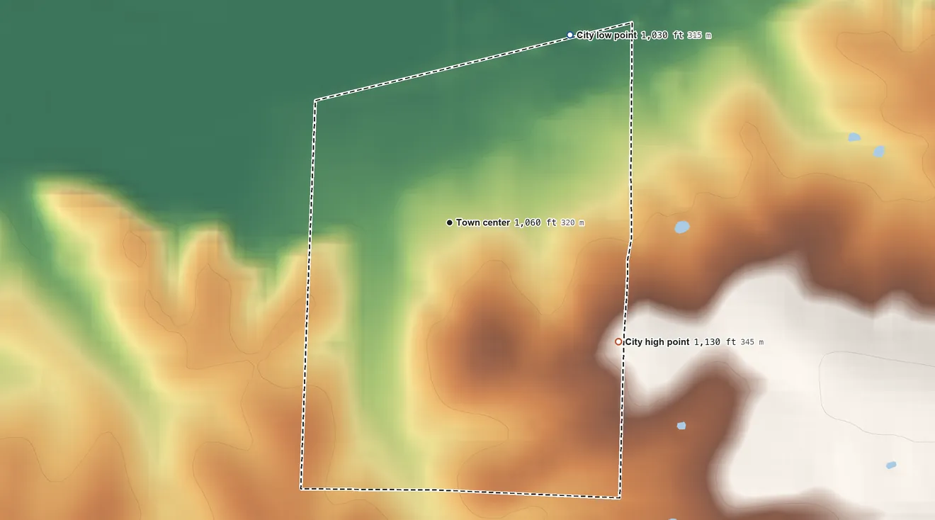 Topographic elevation map of La Russell, Missouri, shaded from 1,030 ft on the northeast side to 1,130 ft on the southeast side